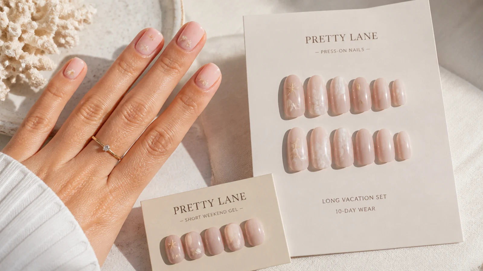 A short weekend gel set beside a longer press-on set planned for a ten day beach vacation