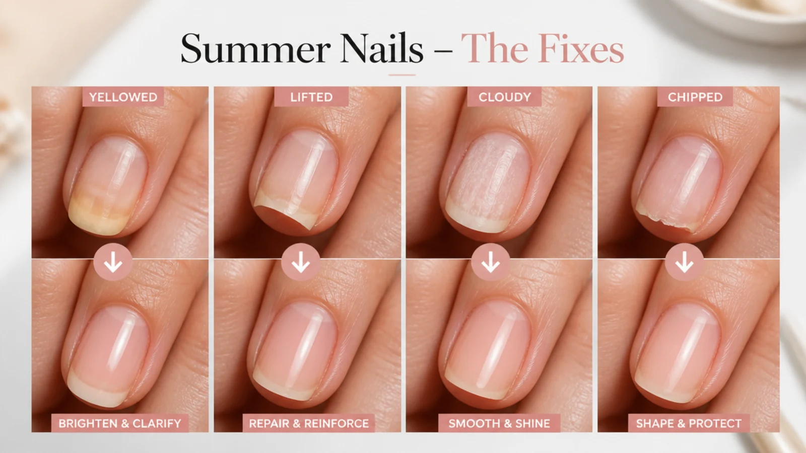 Close up comparison of yellowed, lifted, cloudy and chipped summer nails with their fixes