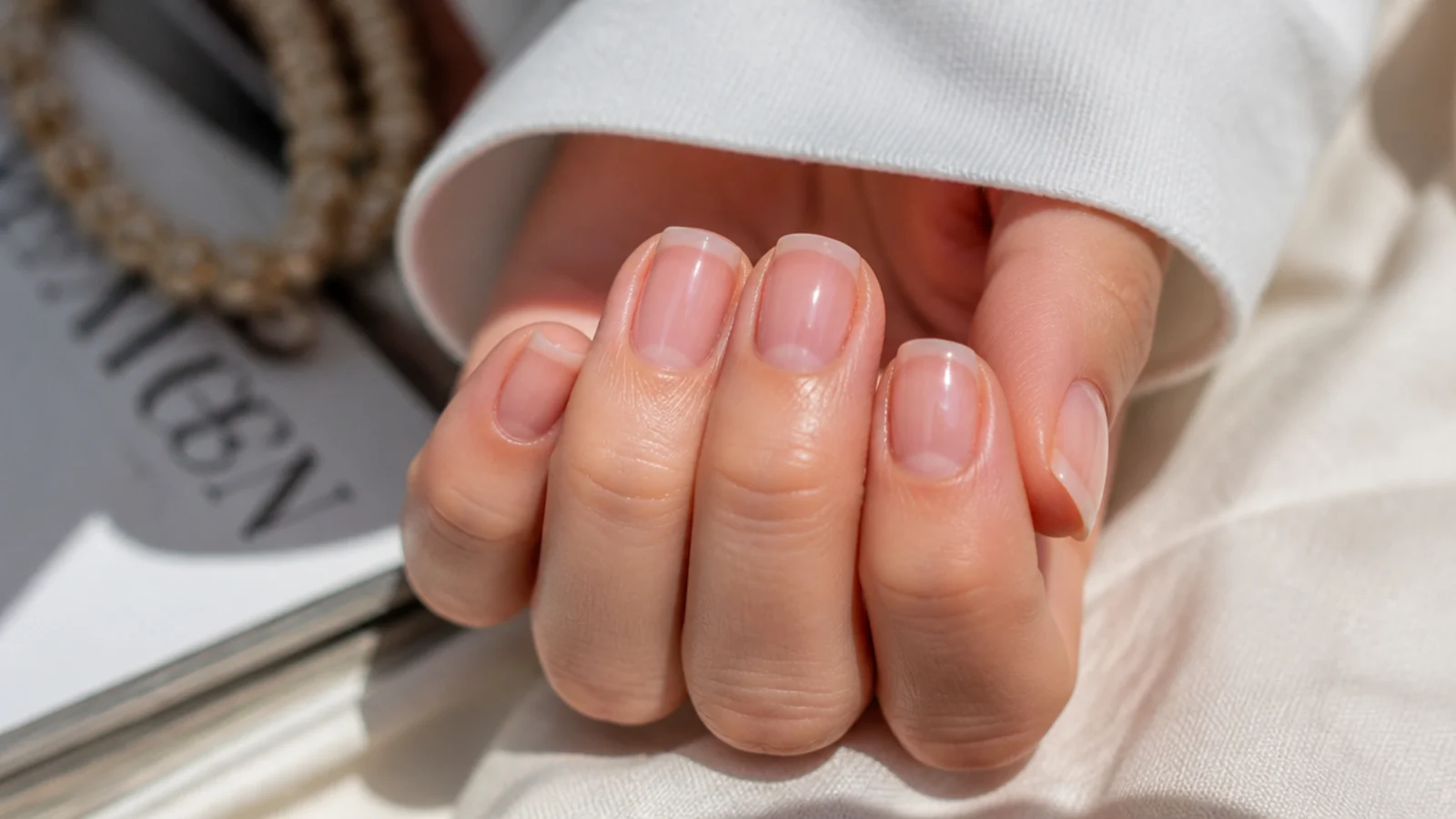Sheer nude beach nails on short square tips showing the natural nail with a glossy finish