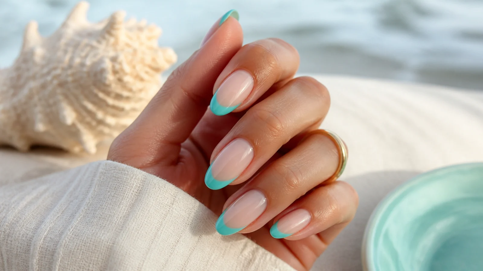 Aqua turquoise French tip vacation nails on medium almond over a milky base