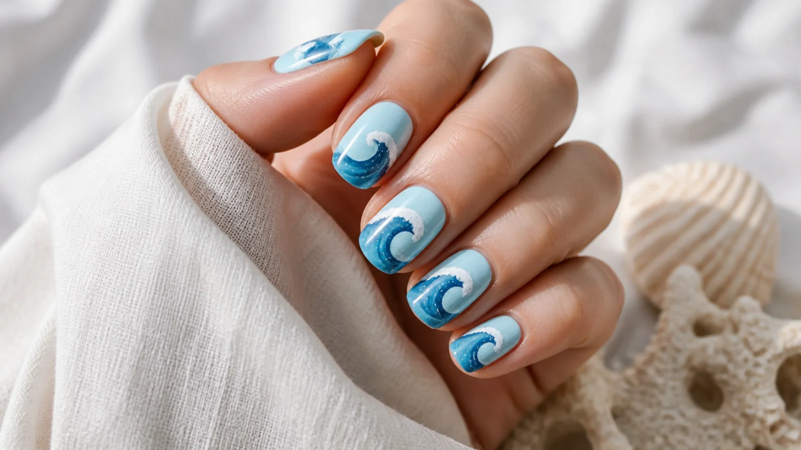 Ocean blue wave nails with white foam curves hand painted over a light blue base