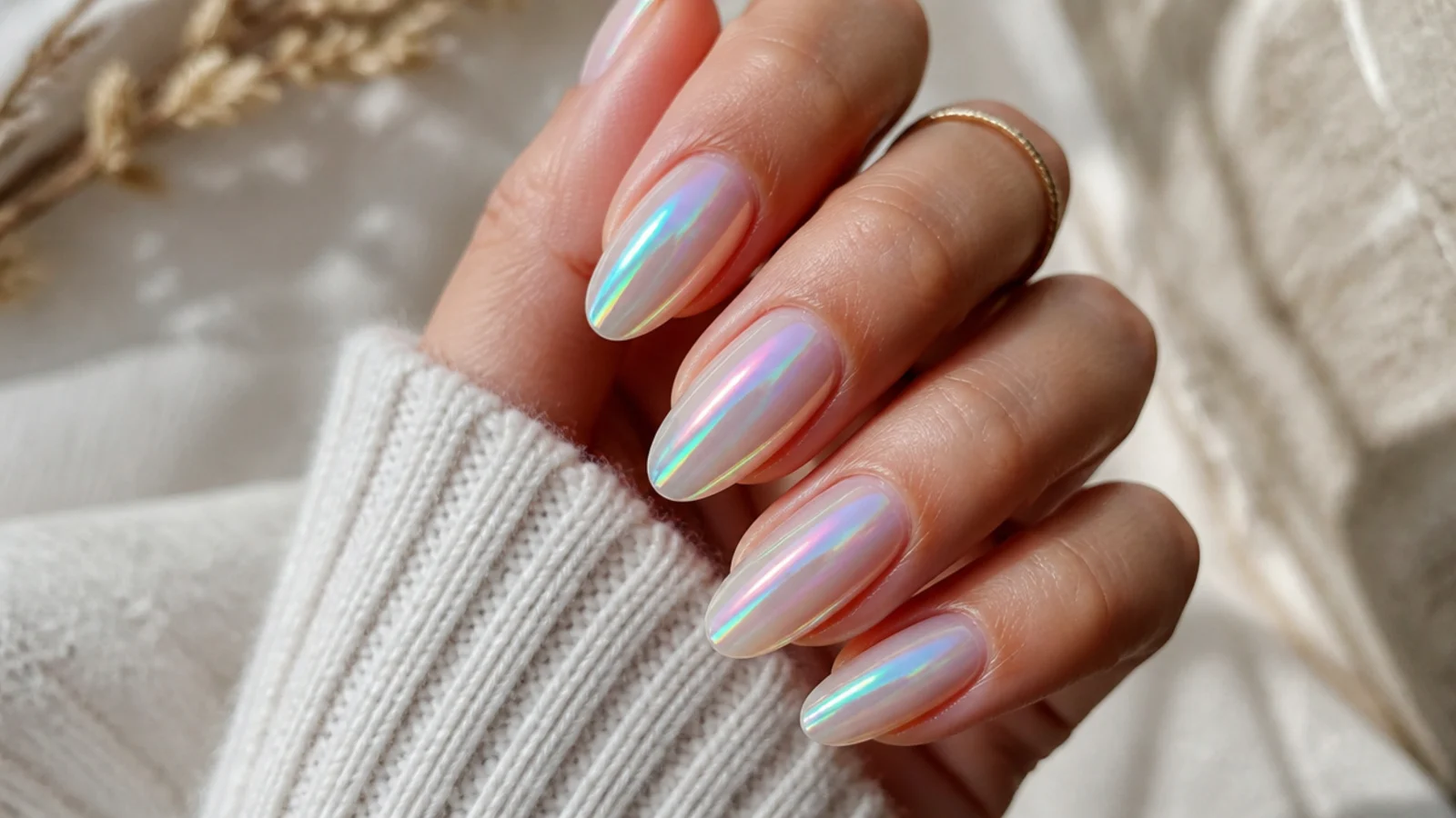 Iridescent mermaid chrome nails shifting green blue and pink over a pearl base