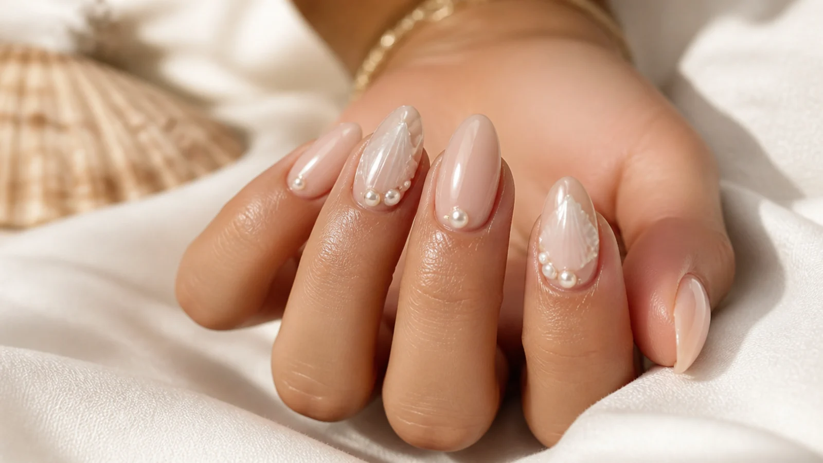 Seashell accent nails with a pearl painted shell and micro pearl beads on a nude base