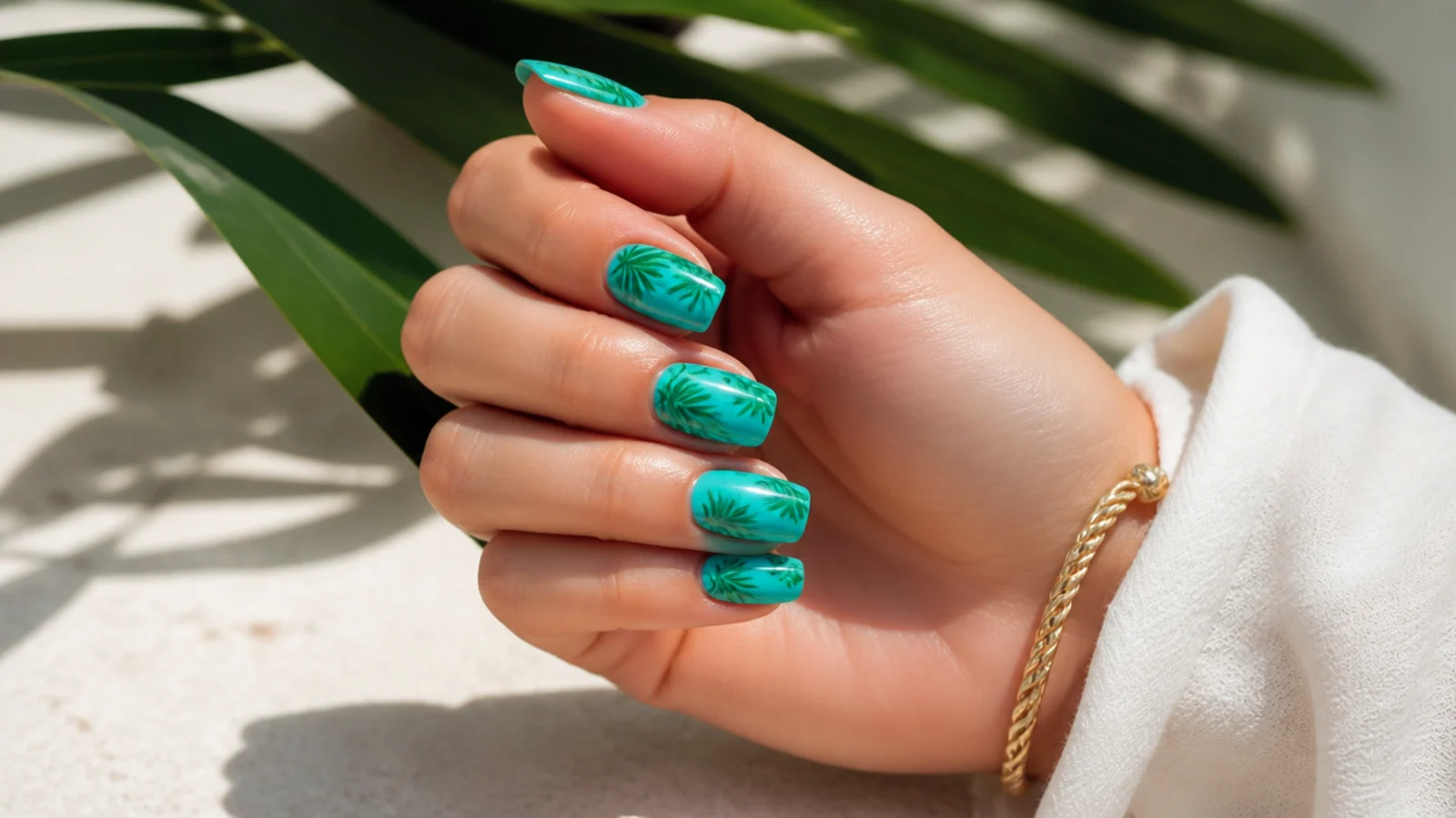 Turquoise tropical nails with tiny green palm leaf silhouettes on a bright teal base