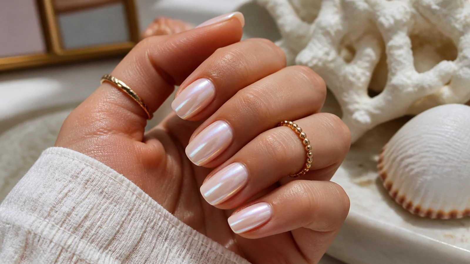 Pearl chrome vacation nails with a soft iridescent glazed sheen over a milky base