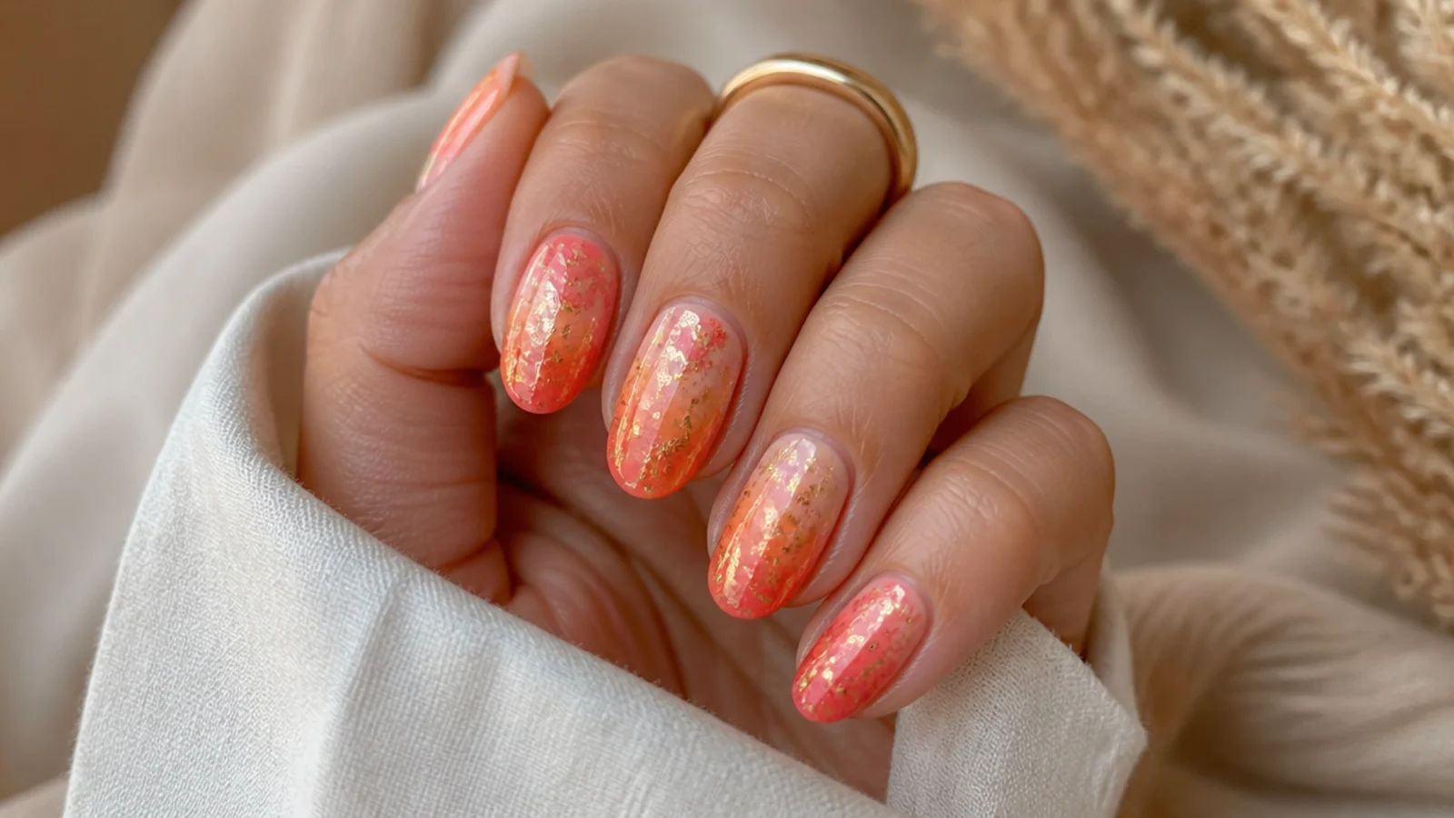 Gold foil sunset nails with coral and peach gradient and scattered gold leaf flecks