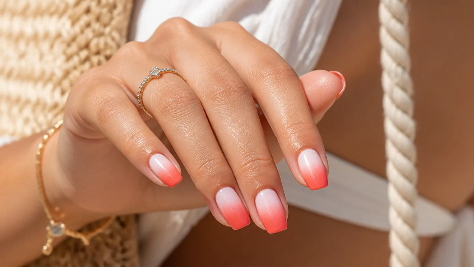 Coral ombre vacation nails fading from white at the cuticle to bright coral at the tip
