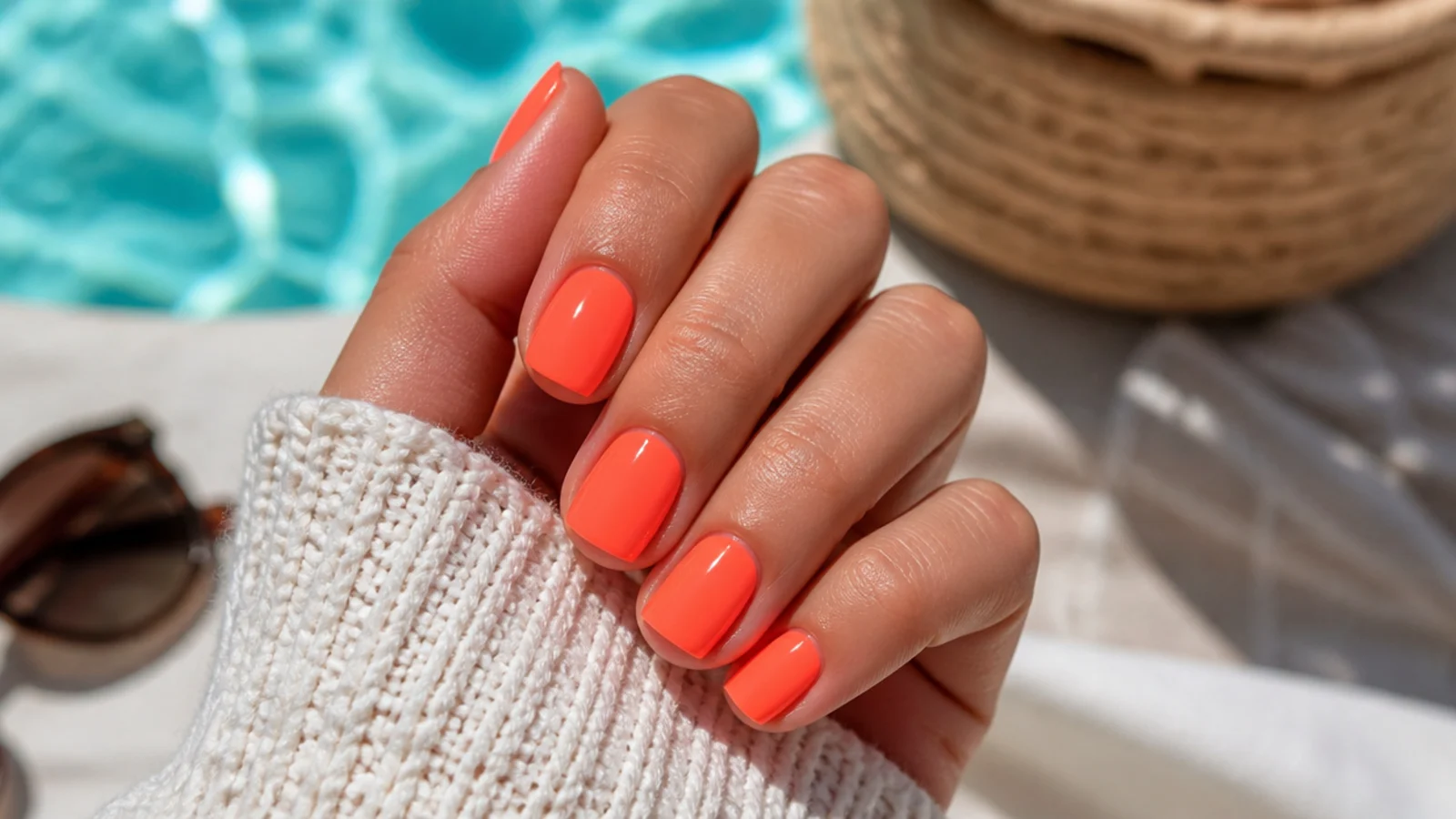 Neon coral poolside nails in a bright opaque orange coral on short square tips
