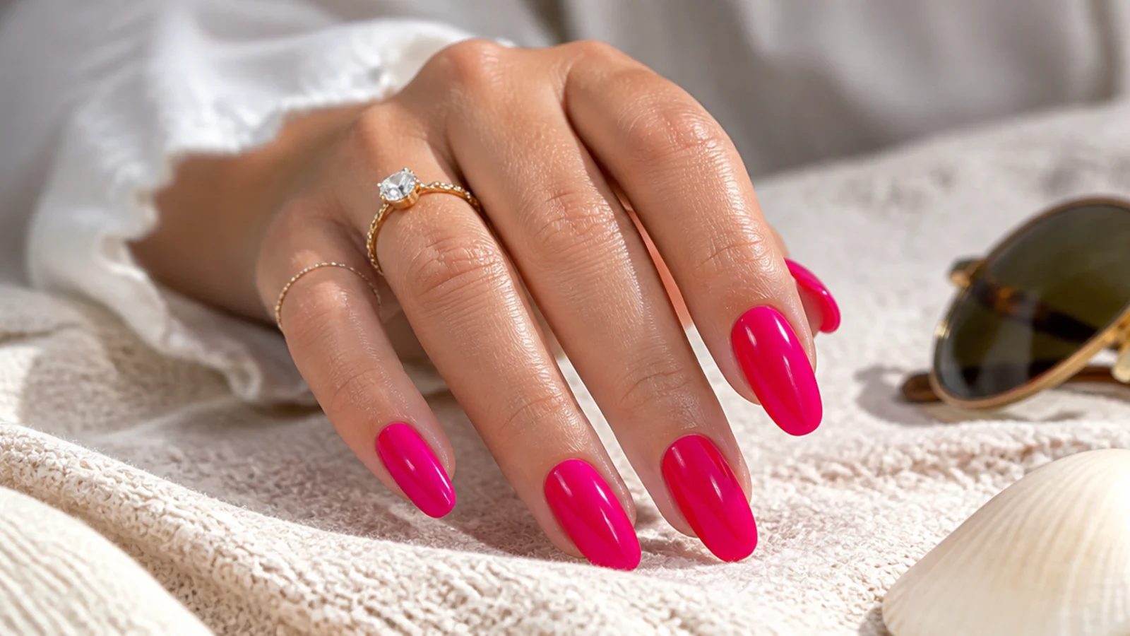 Hot pink beach nails in a glossy bright fuchsia on medium almond tips