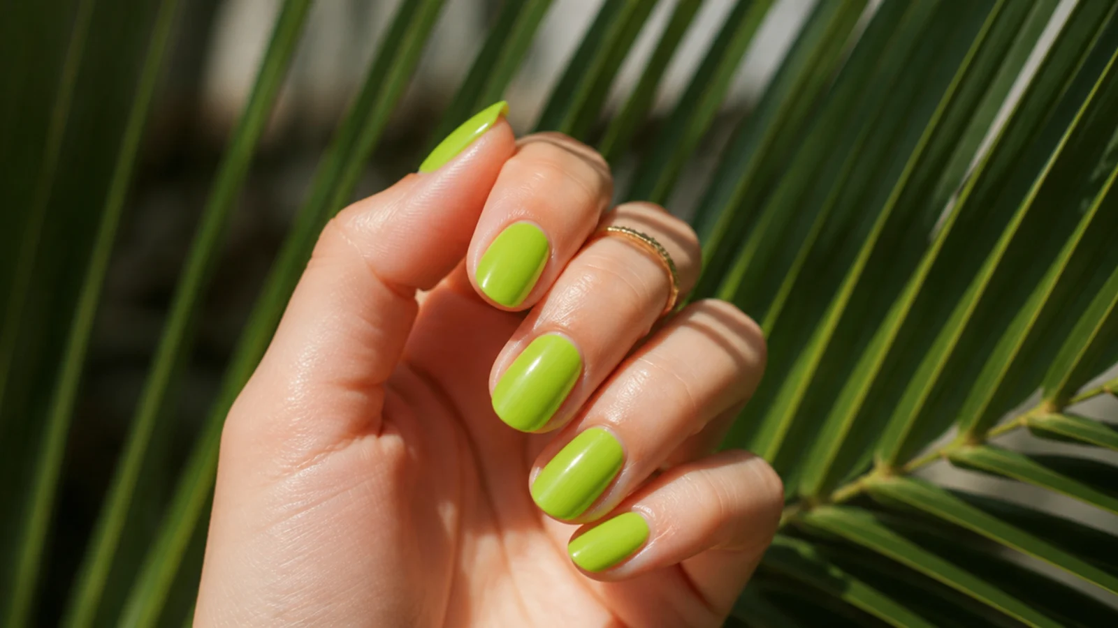 Lime green vacation nails in a bright citrus green on short almond tips against palm leaves