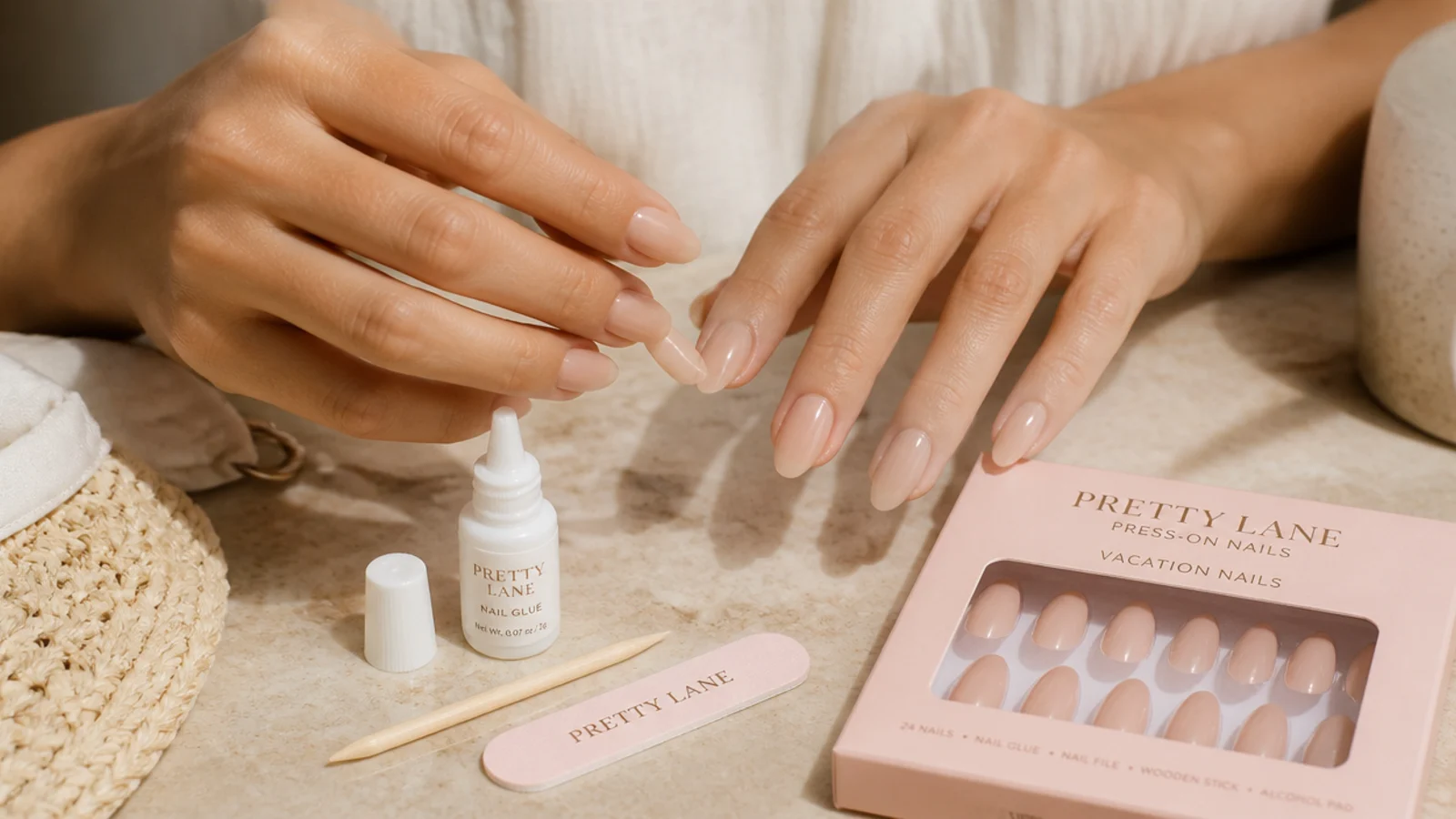 Nude press-on vacation nails in short almond being applied from a press-on set beside travel glue