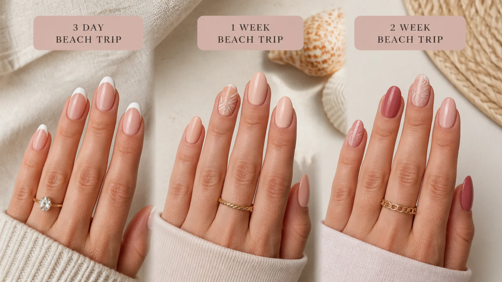 Three vacation nail sets compared for a three day, one week and two week beach trip