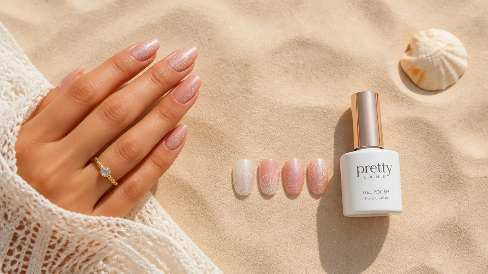 Gel manicure, press-on nails and bottle of polish lined up for a beach vacation comparison