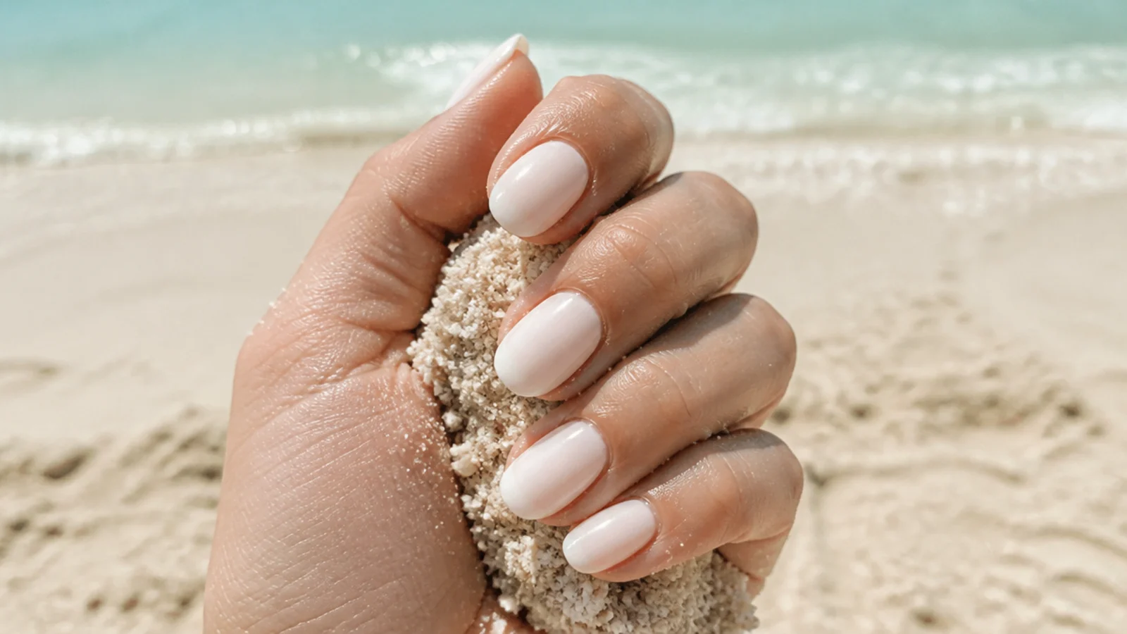 Milky white vacation nails on short almond tips holding sand at the beach in bright sun