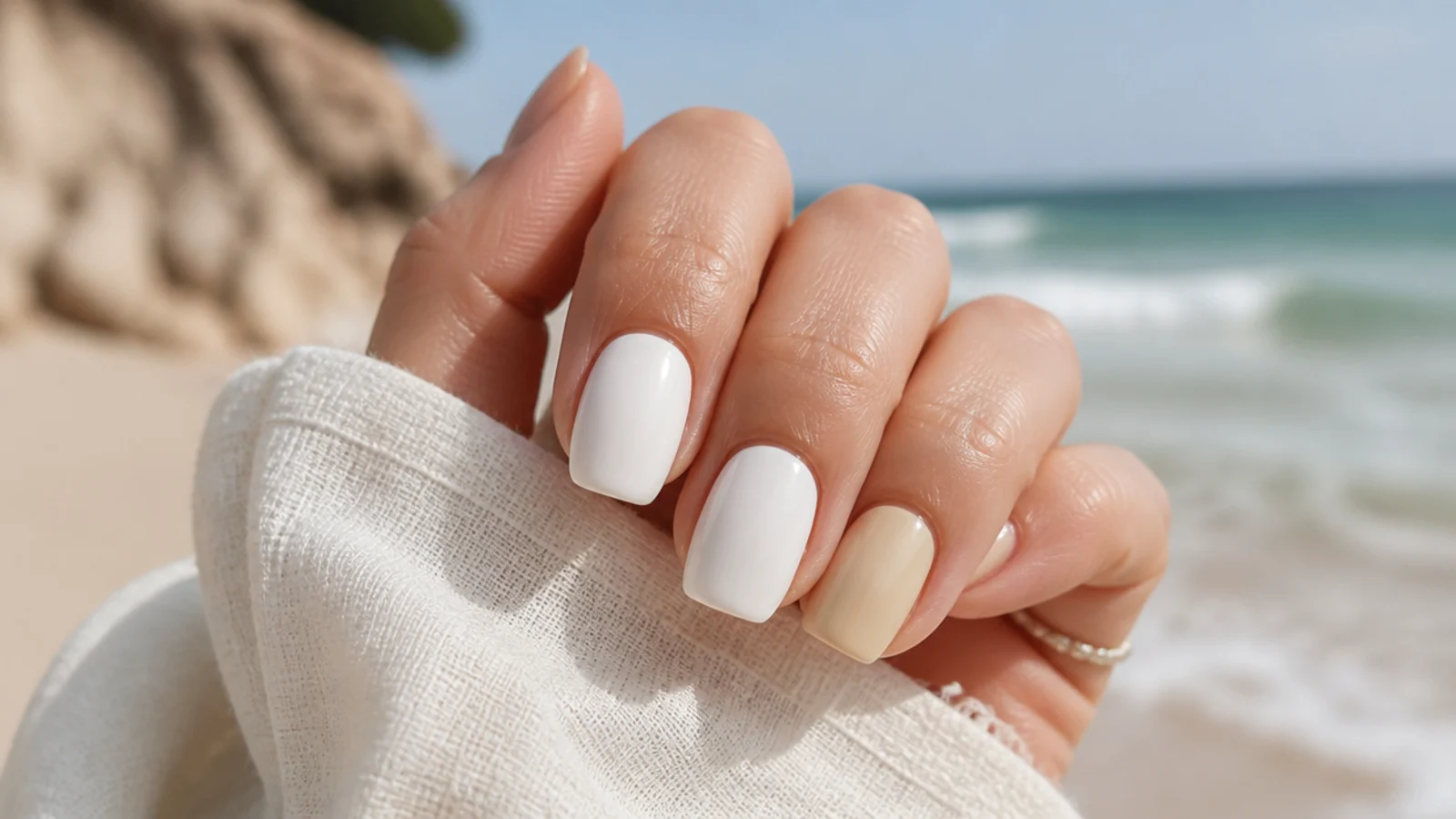 Two white nails compared, one bright white and one yellowed after sunscreen on a beach trip