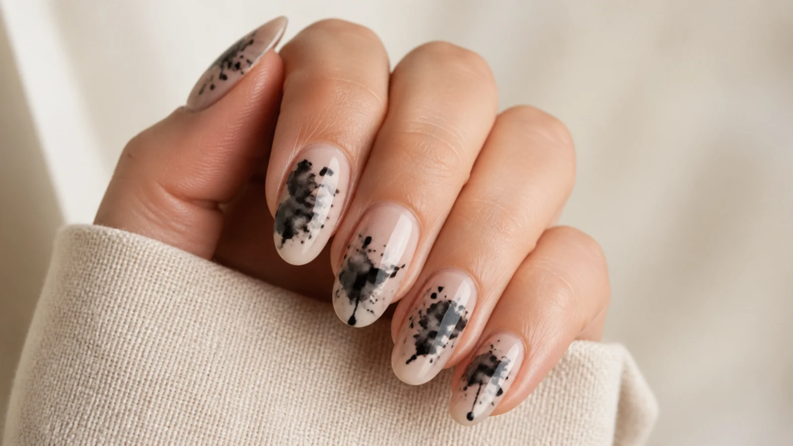 Black ink splatter blooming gel nails with scattered diffused dots