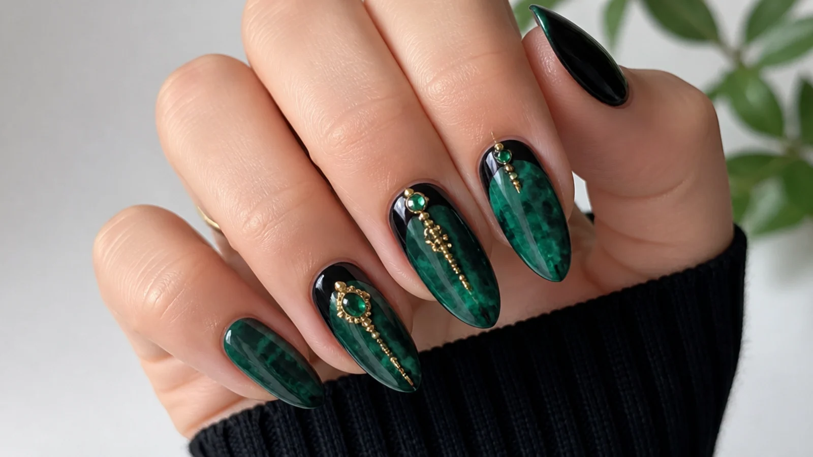 Emerald green and black blooming gel nails with jewel-toned diffusion