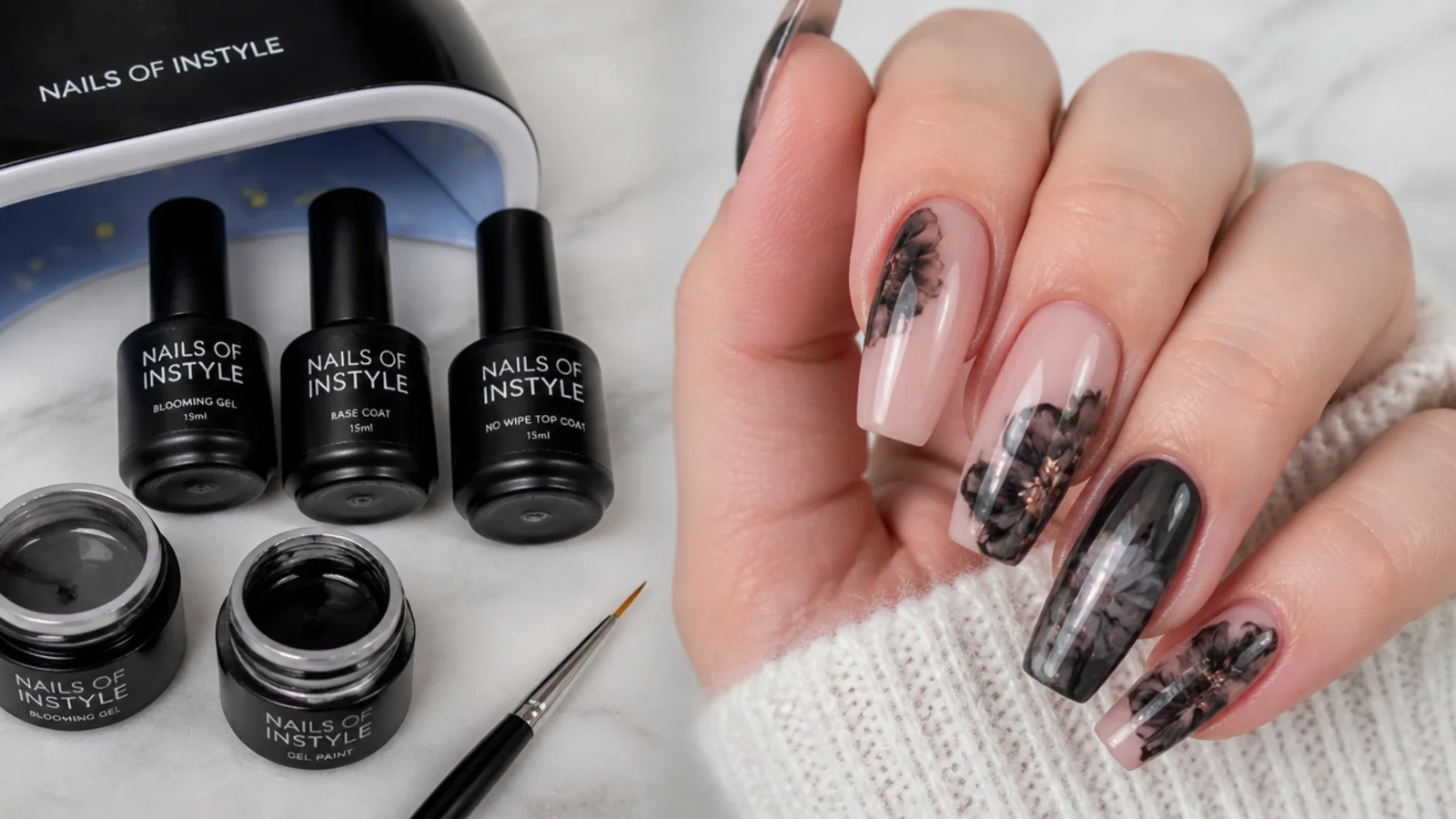 Black blooming gel supplies laid out with a lamp and detail brush