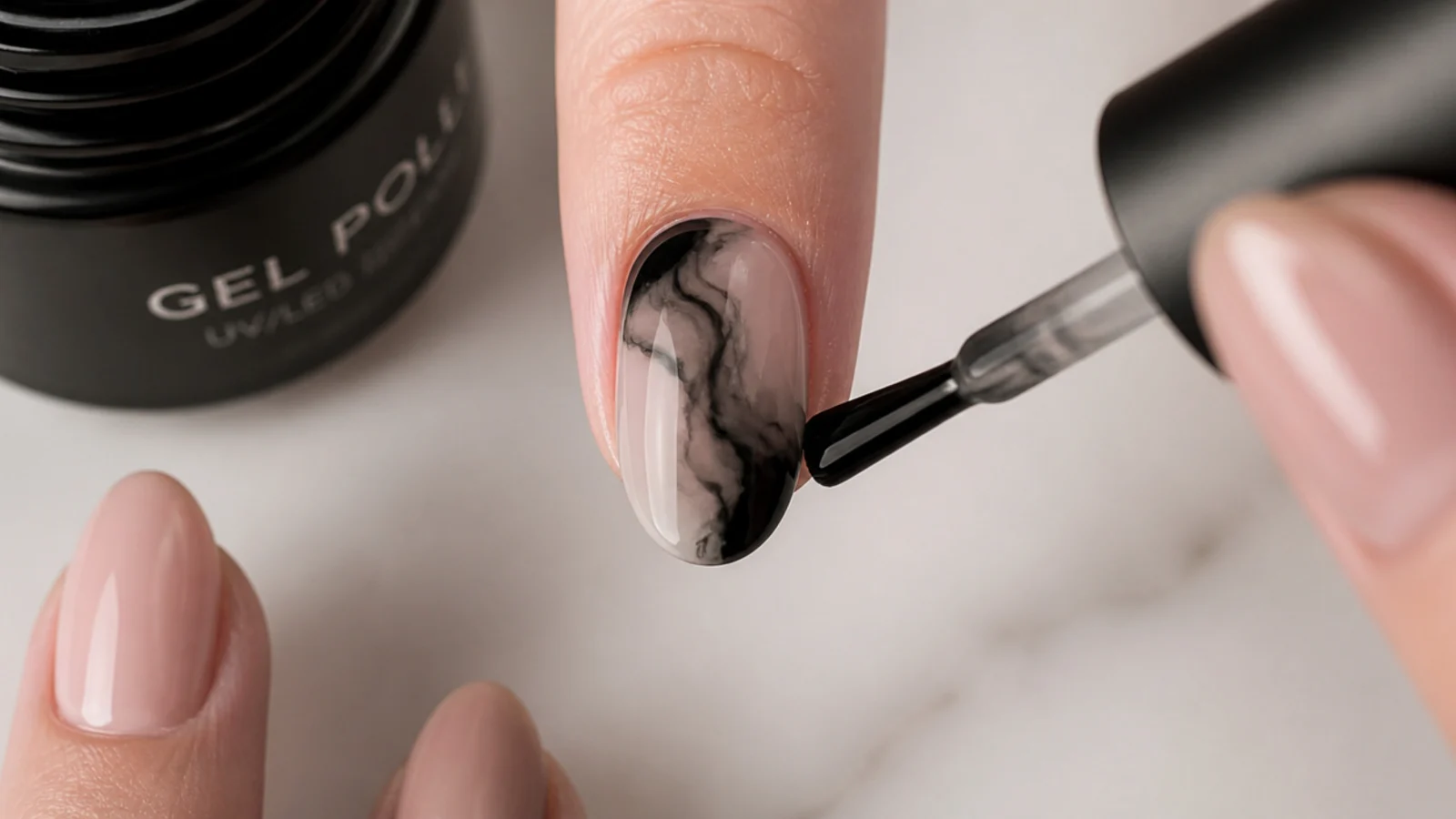 Close-up of black gel polish diffusing across an uncured blooming gel layer
