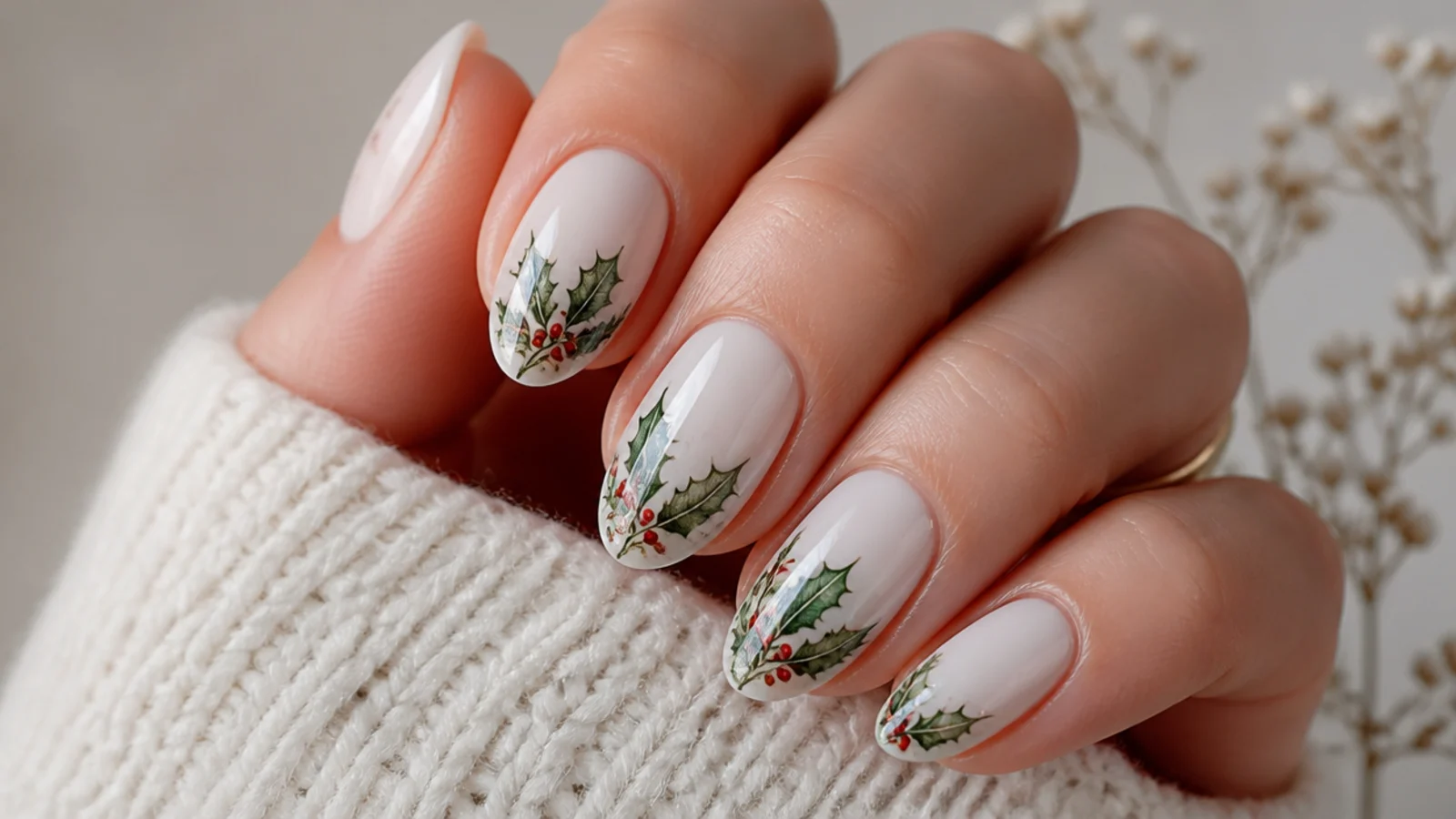 Green holly leaves and red berries diffused into white blooming gel nails
