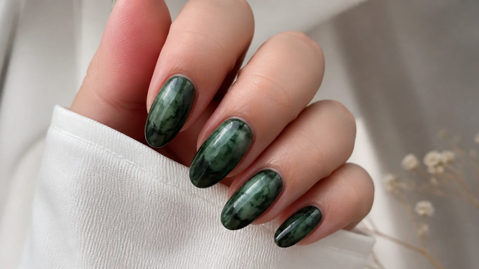 Dark green tie-dye blooming gel nails with diffused edges