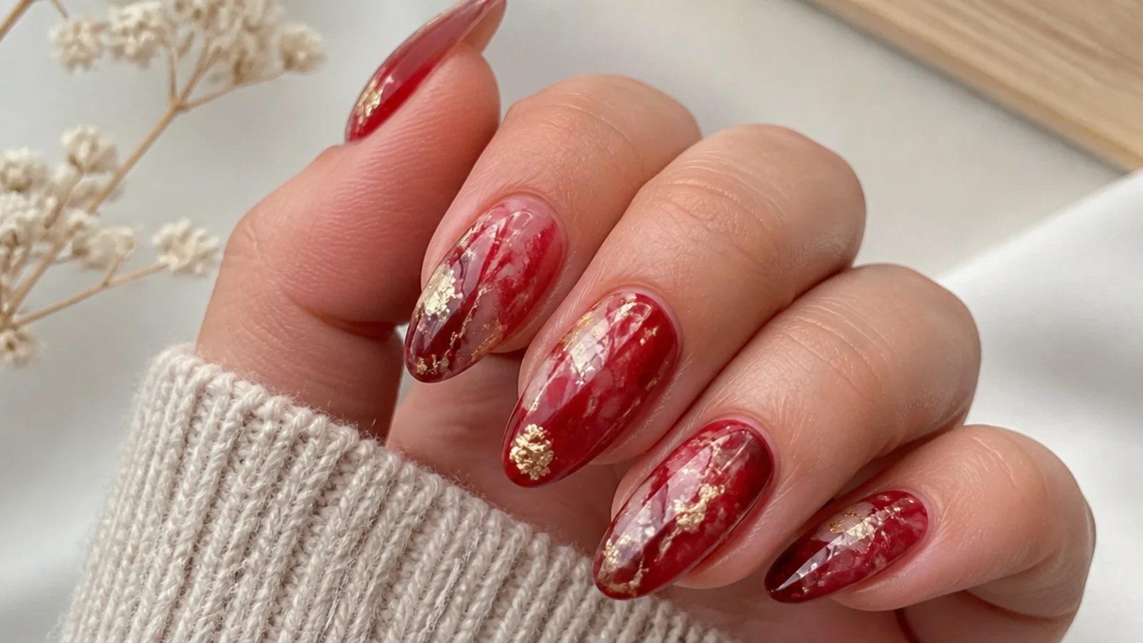 Deep red marble blooming gel nails with gold foil flecks