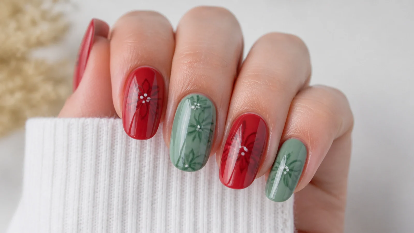 Alternating red and green blooming gel nails across one hand