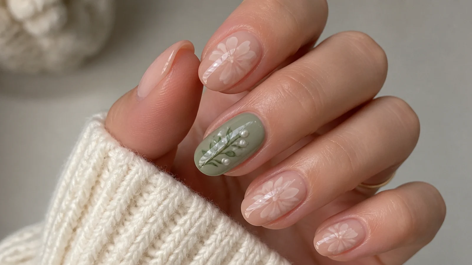 Nude blooming gel nails with one green mistletoe accent nail