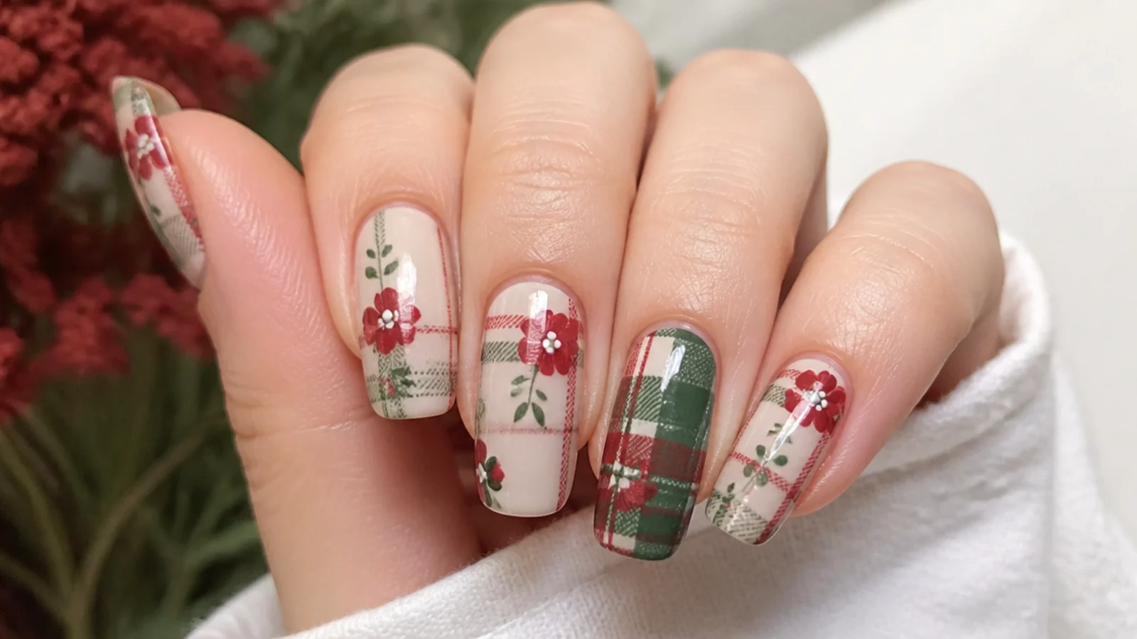 Green and red soft plaid blooming gel nails