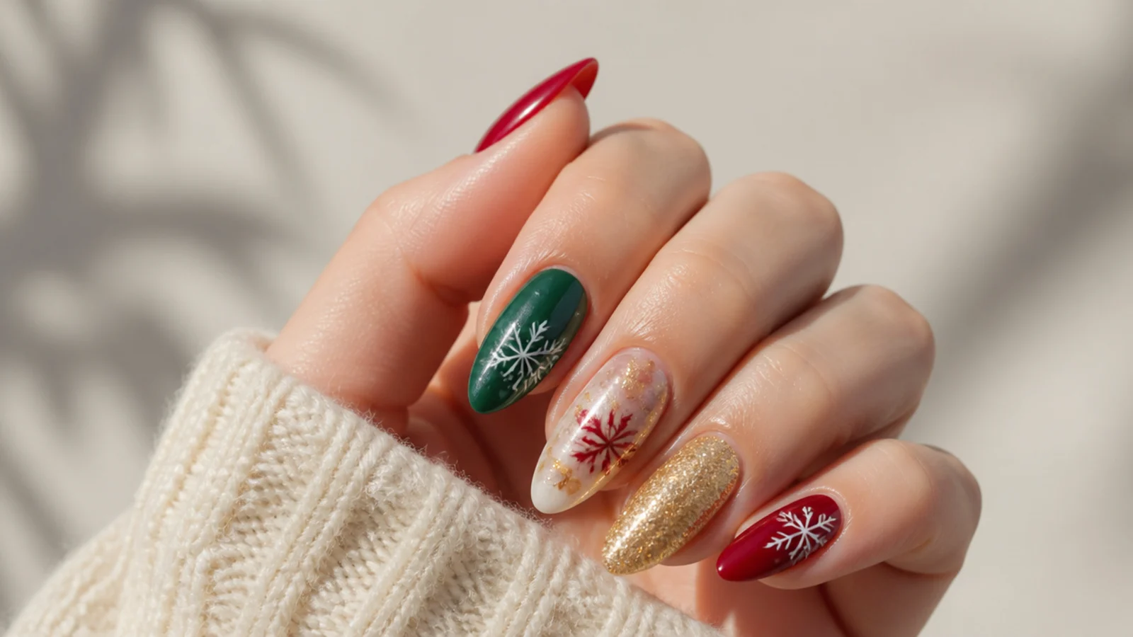 A mix of red, green, gold and snowflake blooming gel nails on one hand