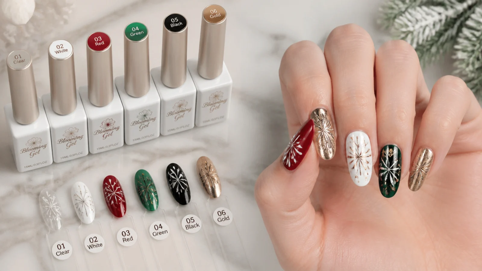 Blooming gel Christmas nail supplies laid out on a table
