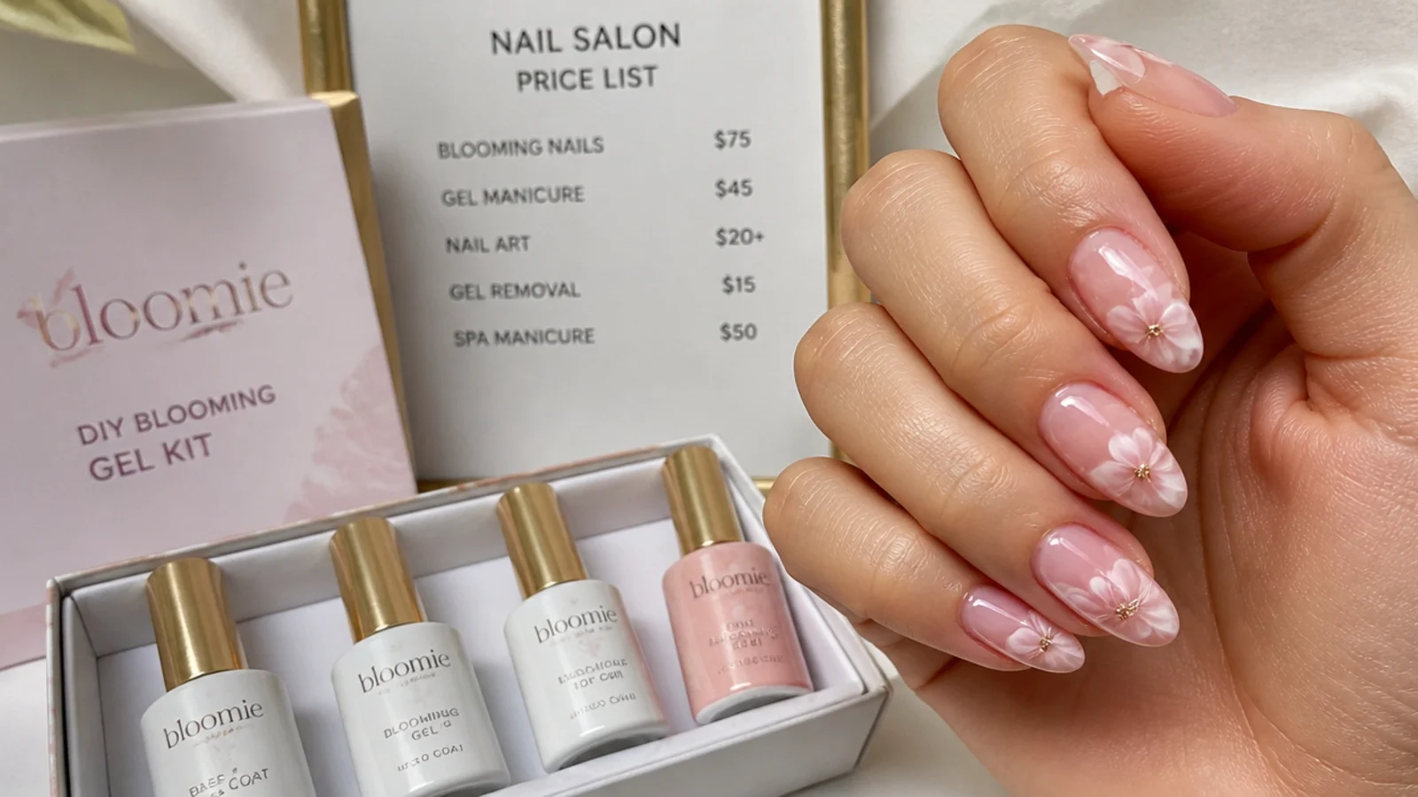 A DIY blooming gel kit beside a salon price list