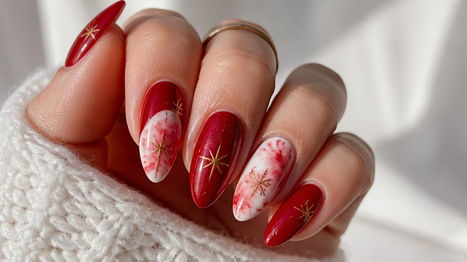 Red and white watercolor blooming gel Christmas nails on almond tips