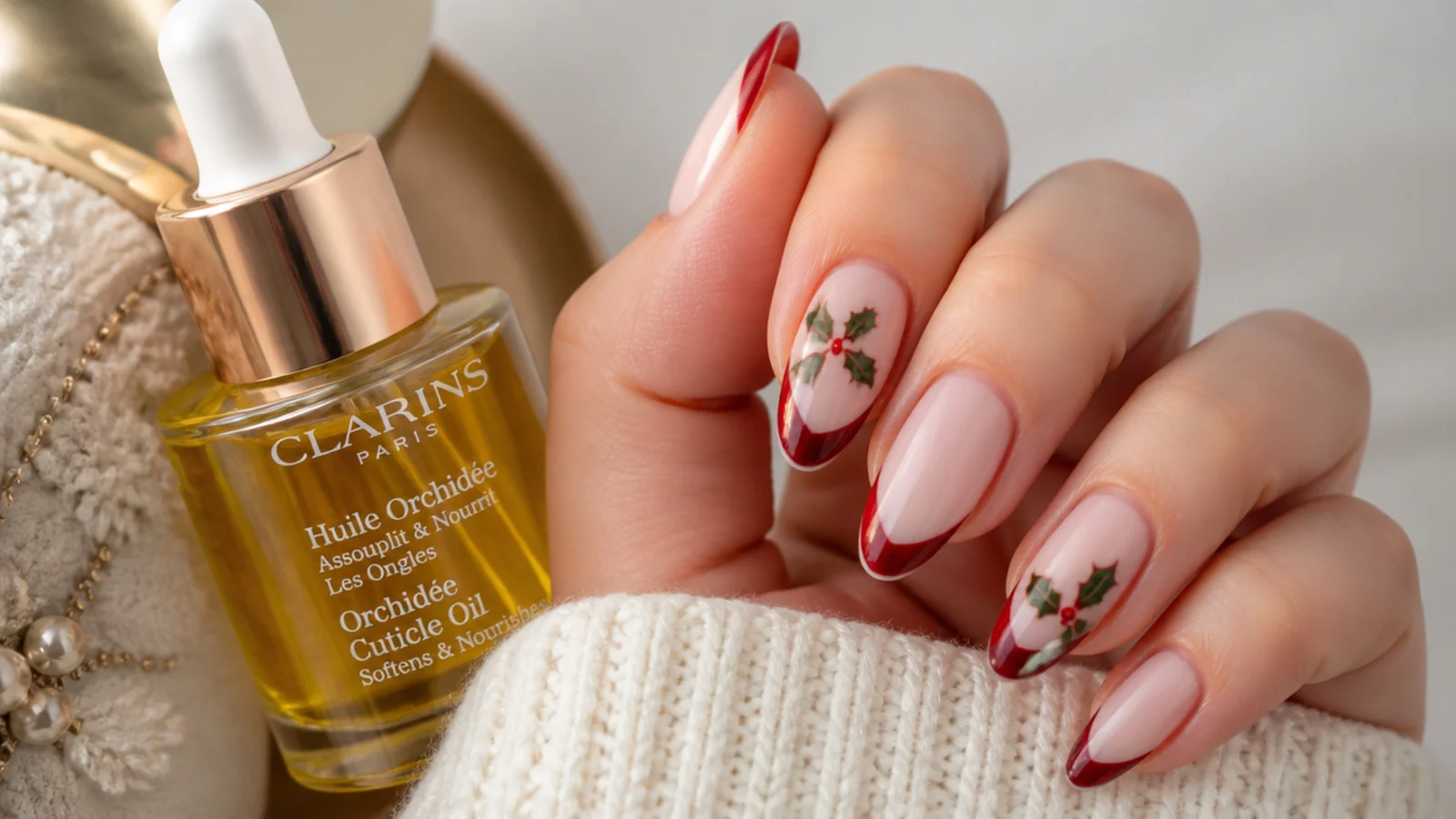 Cuticle oil beside a freshly bloomed festive manicure