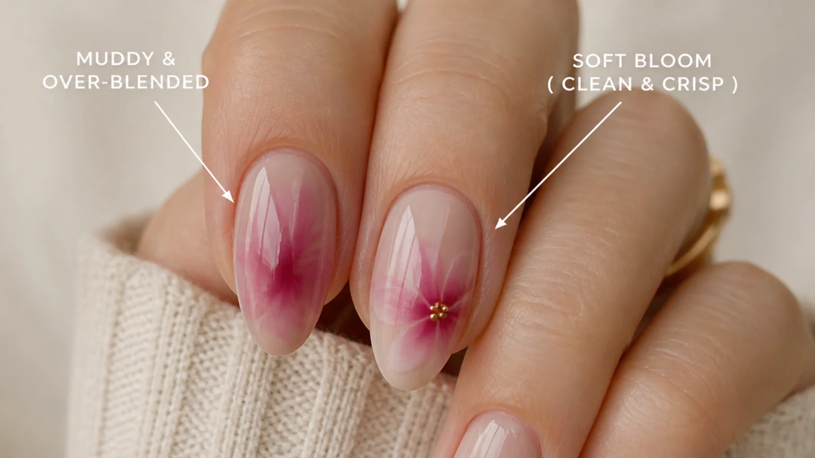 A muddy over-blended nail beside a clean soft bloom for comparison