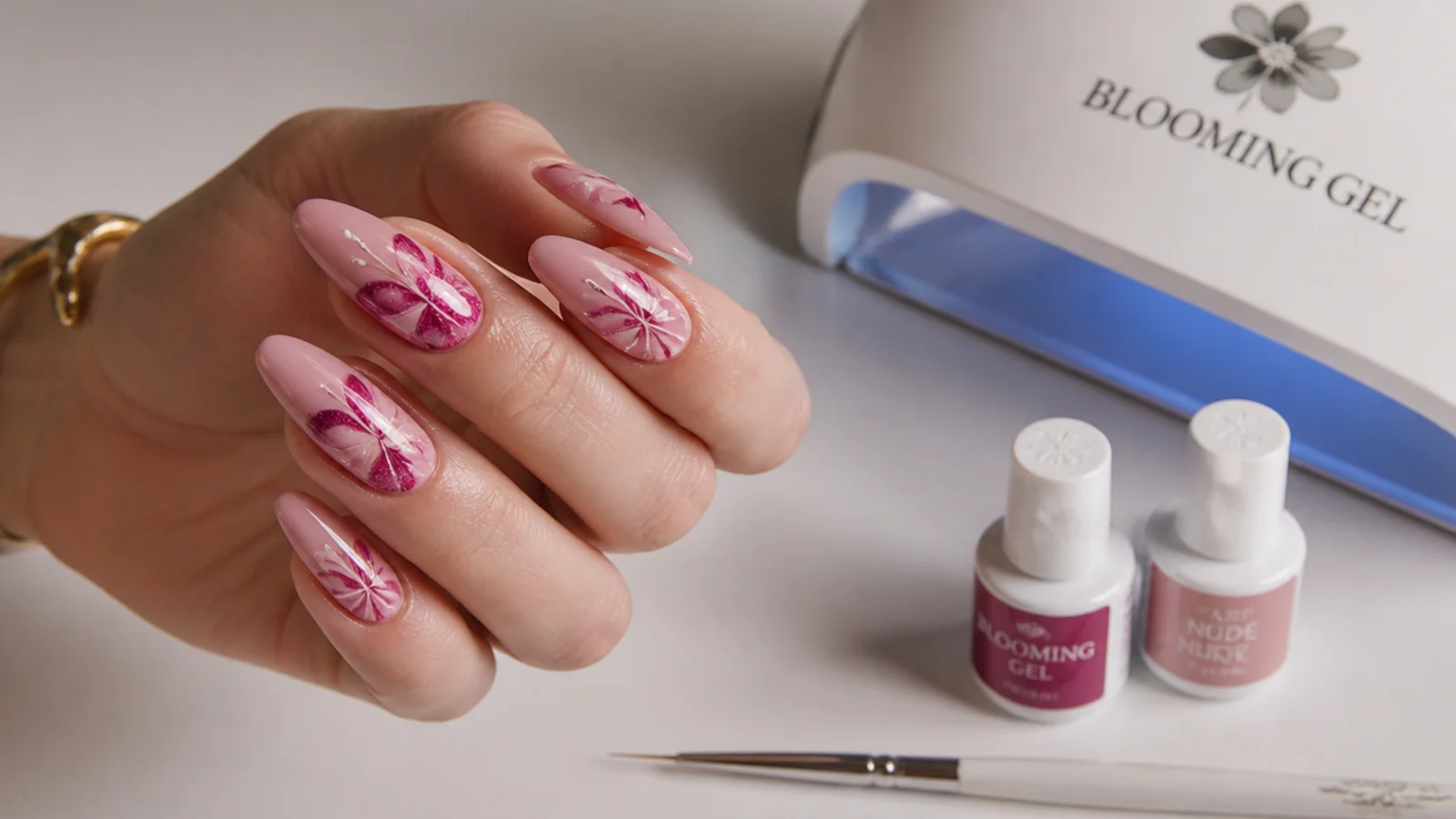 Blooming gel, gel colors, lamp and a thin liner brush for nail art