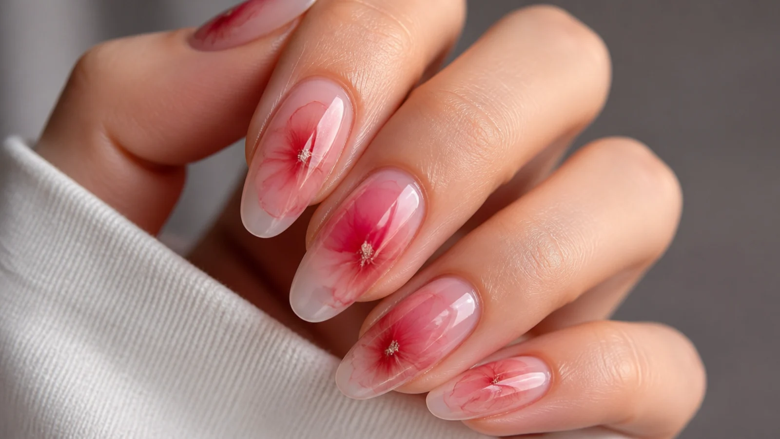 A clear blooming gel layer spreading drops of red color into a soft pattern