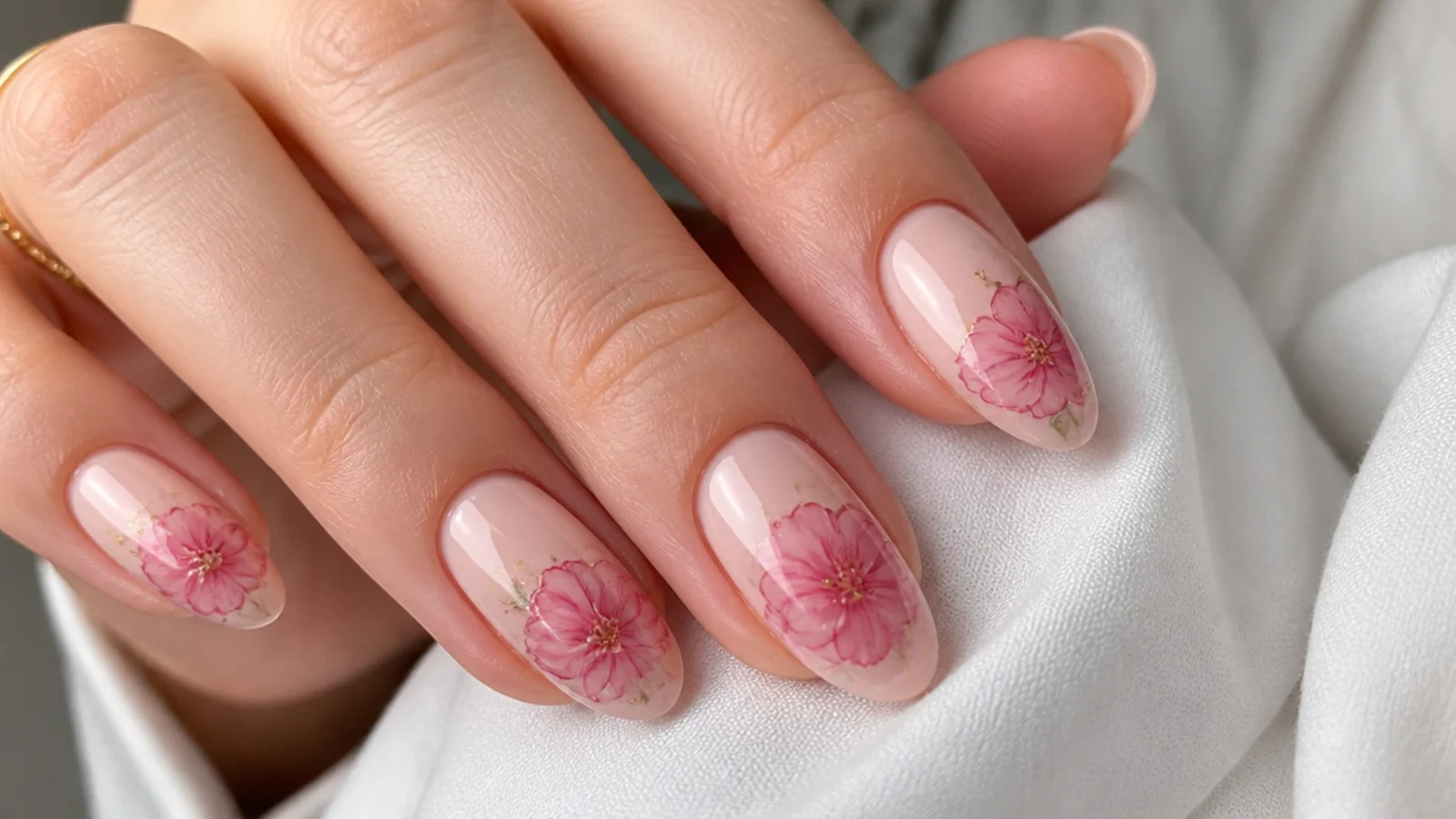 Soft pink watercolor peony flower on a nude blooming gel nail