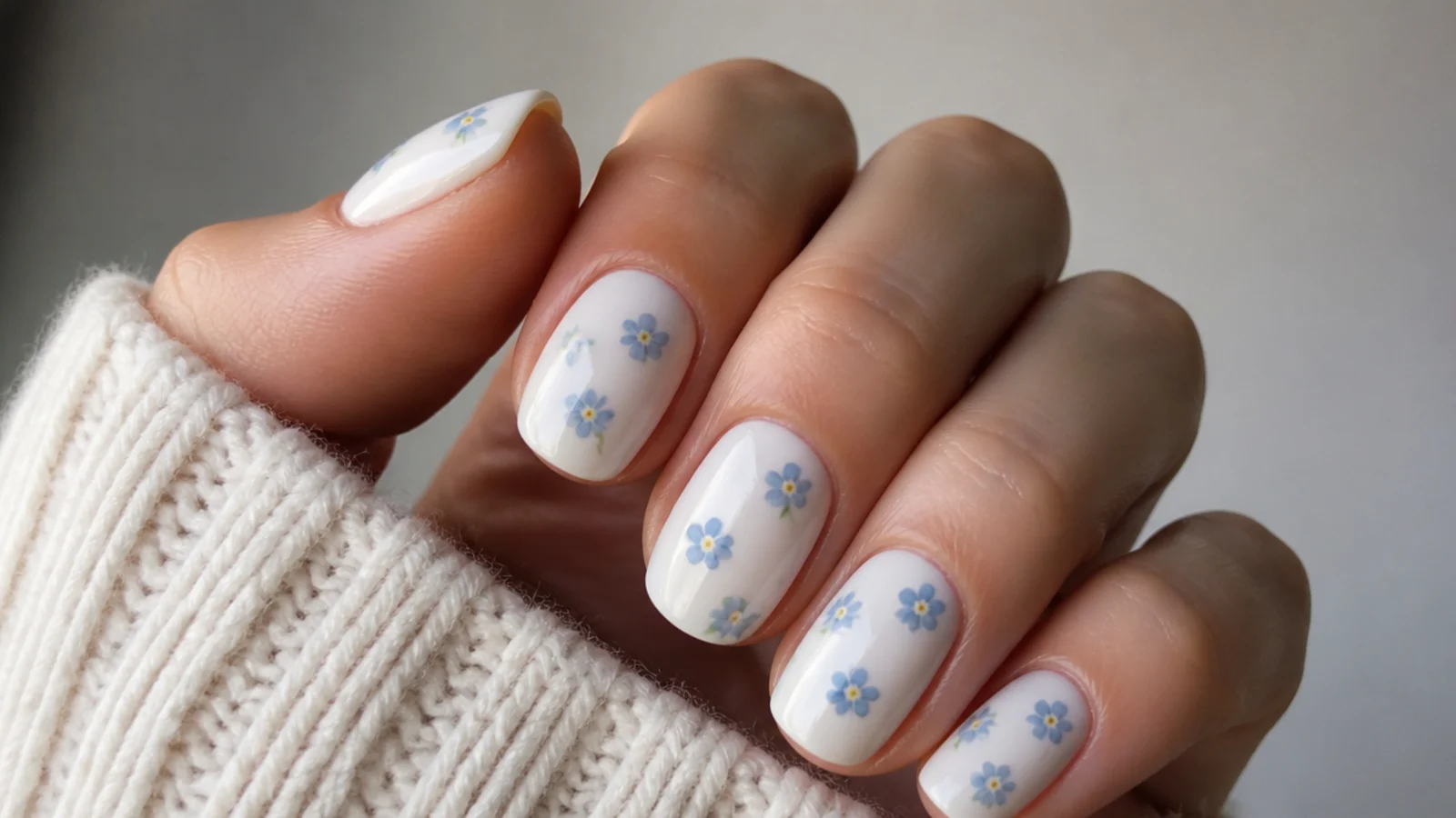 Small blue forget-me-not flowers diffused across a milky white nail