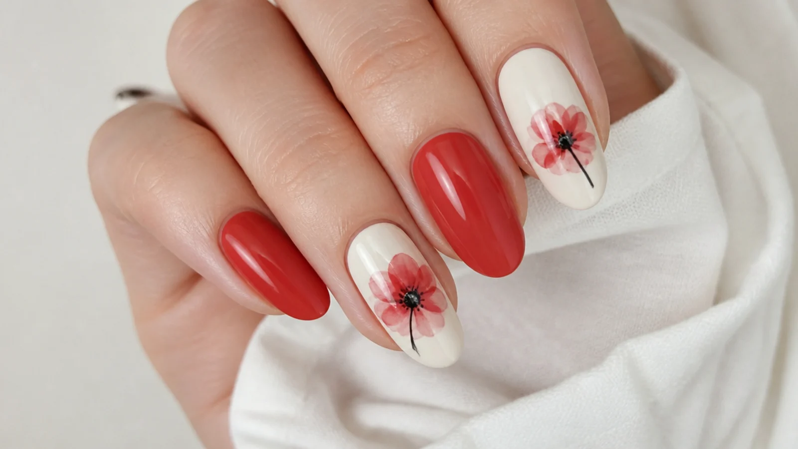 Diffused red poppy flower with a dark center on a cream nail