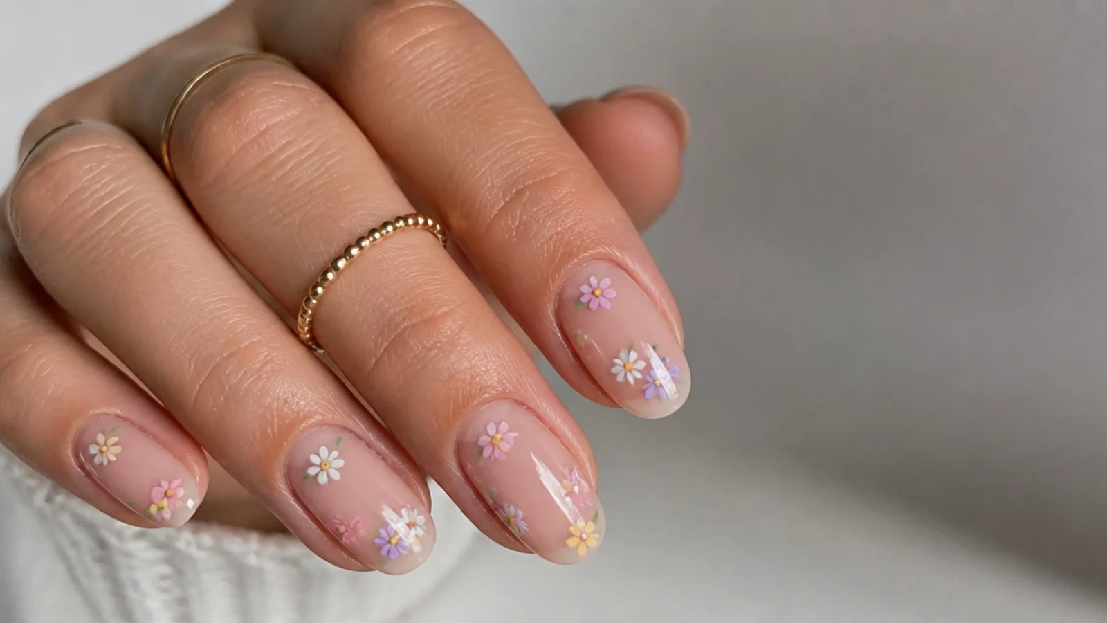 Tiny scattered pastel flowers diffused across a sheer nude nail