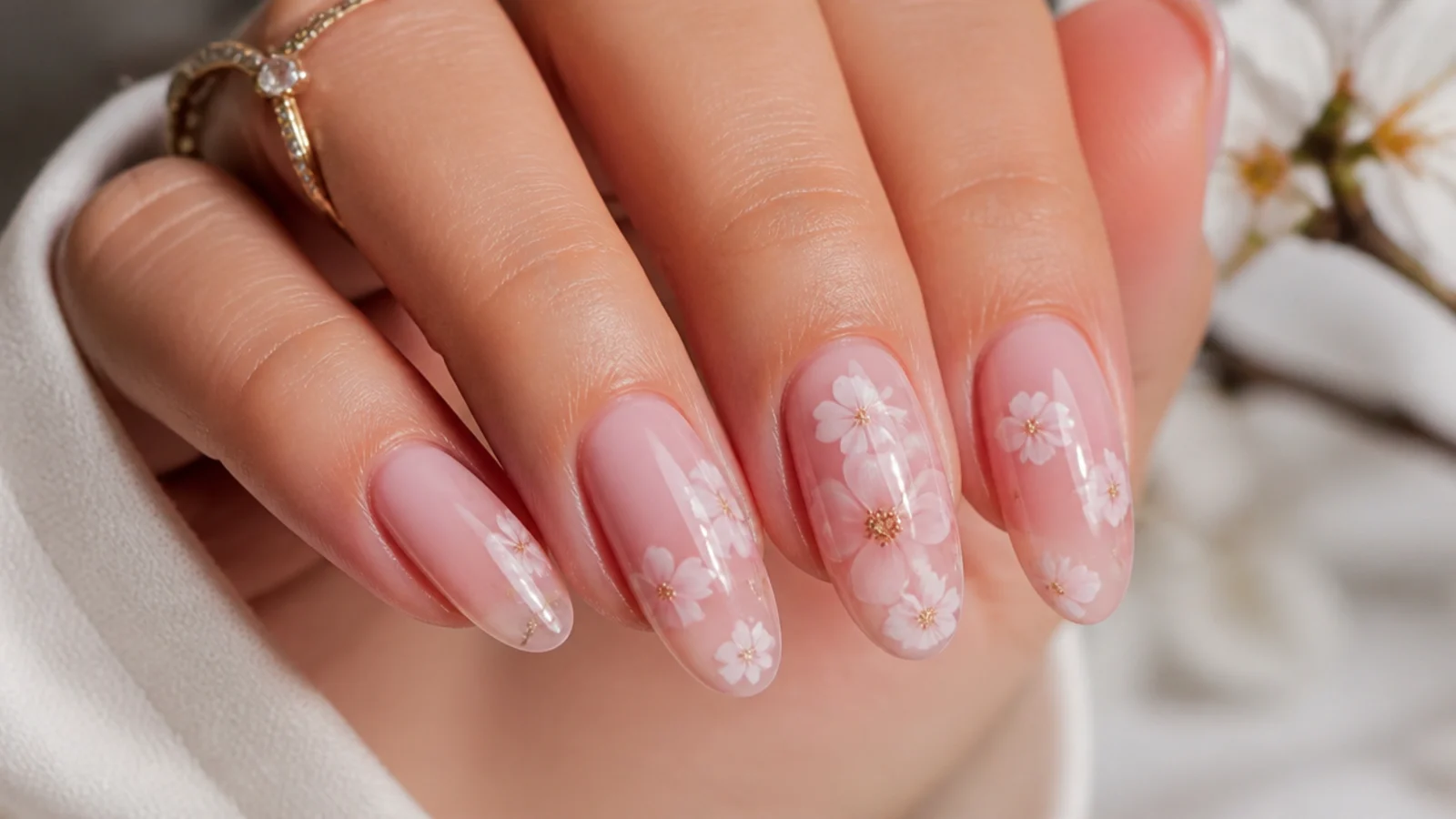 Soft white blossoms diffused over a sheer pink nail