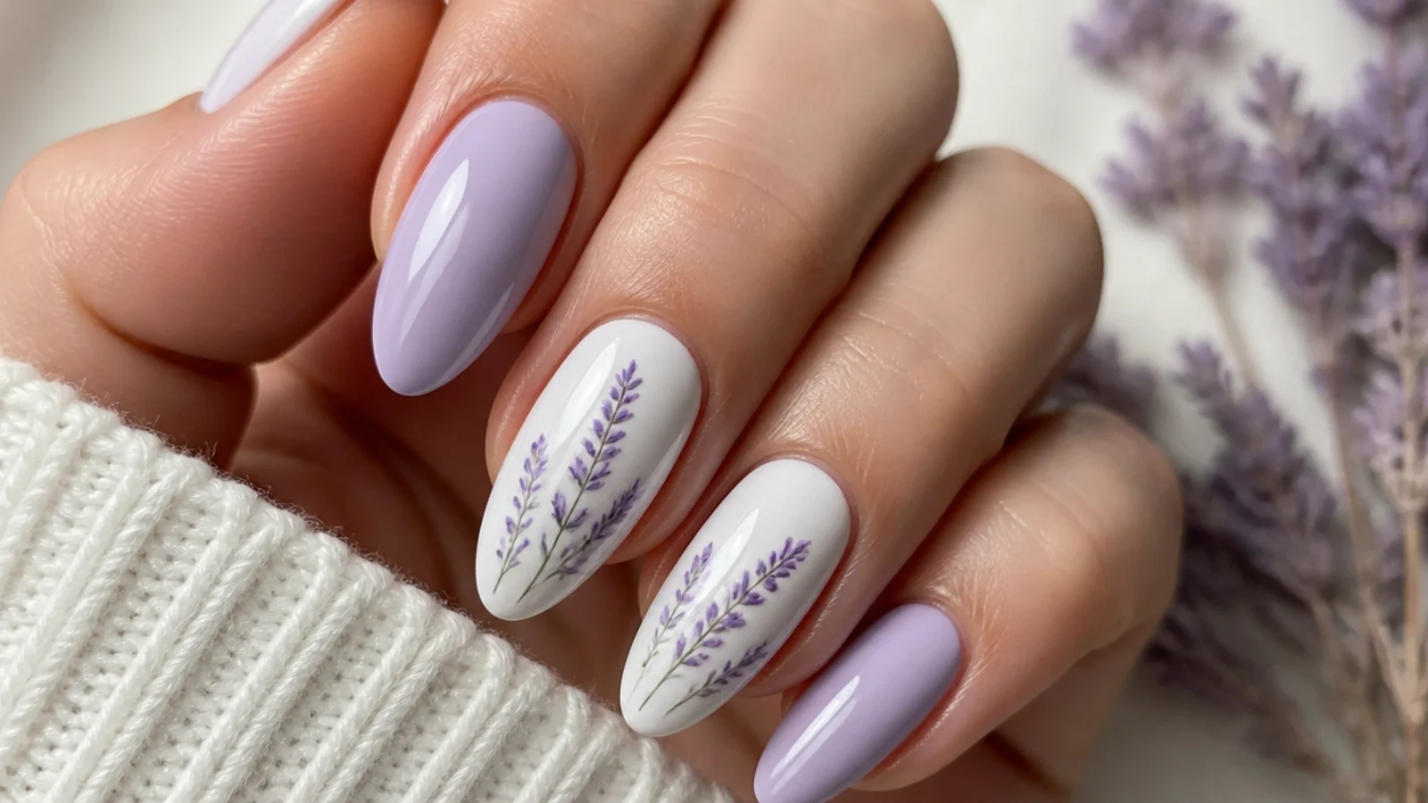 Sprigs of diffused purple lavender rising up a white nail