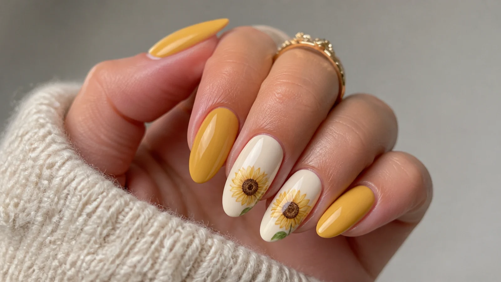 Diffused yellow sunflower with a brown center on a cream nail