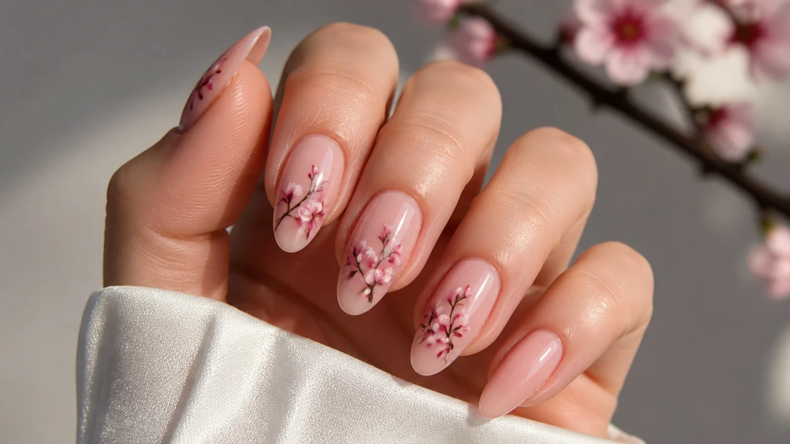 Pink cherry blossoms diffused along a thin branch on a nude nail