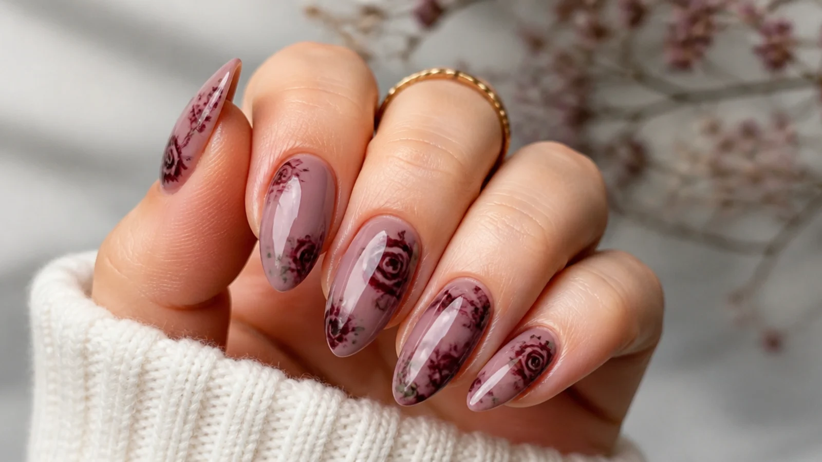 Deep burgundy roses diffused over a soft mauve nail