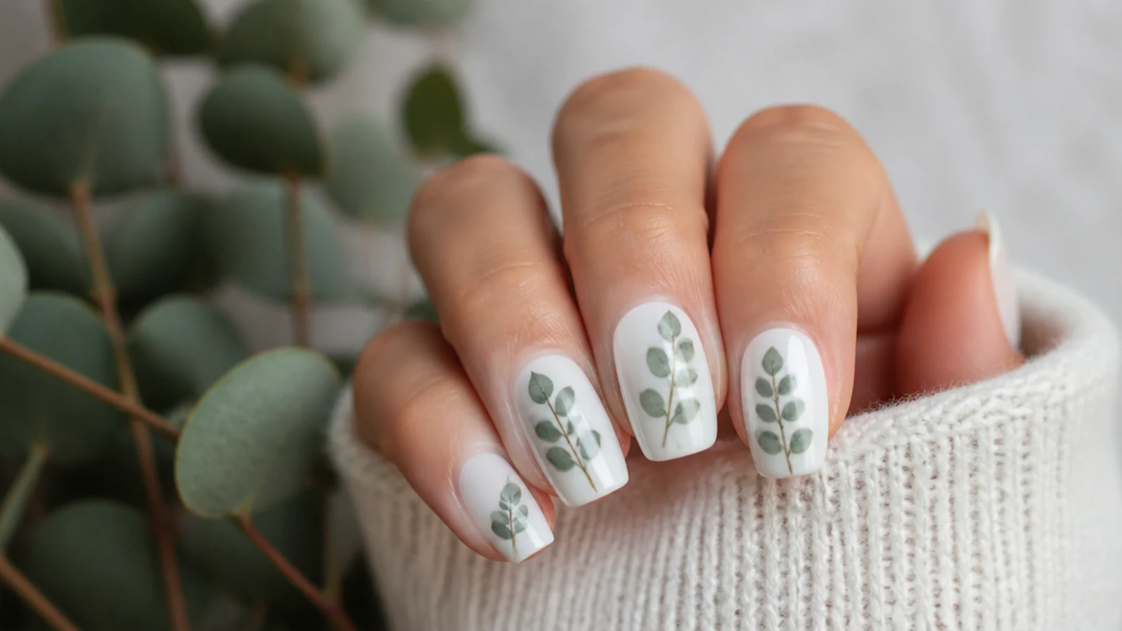 Soft green eucalyptus leaves diffused along a stem on a white nail