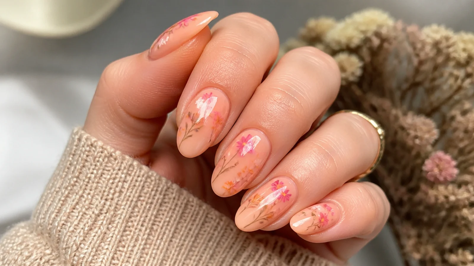 Mixed orange, pink and yellow wildflowers diffused over a peach nail