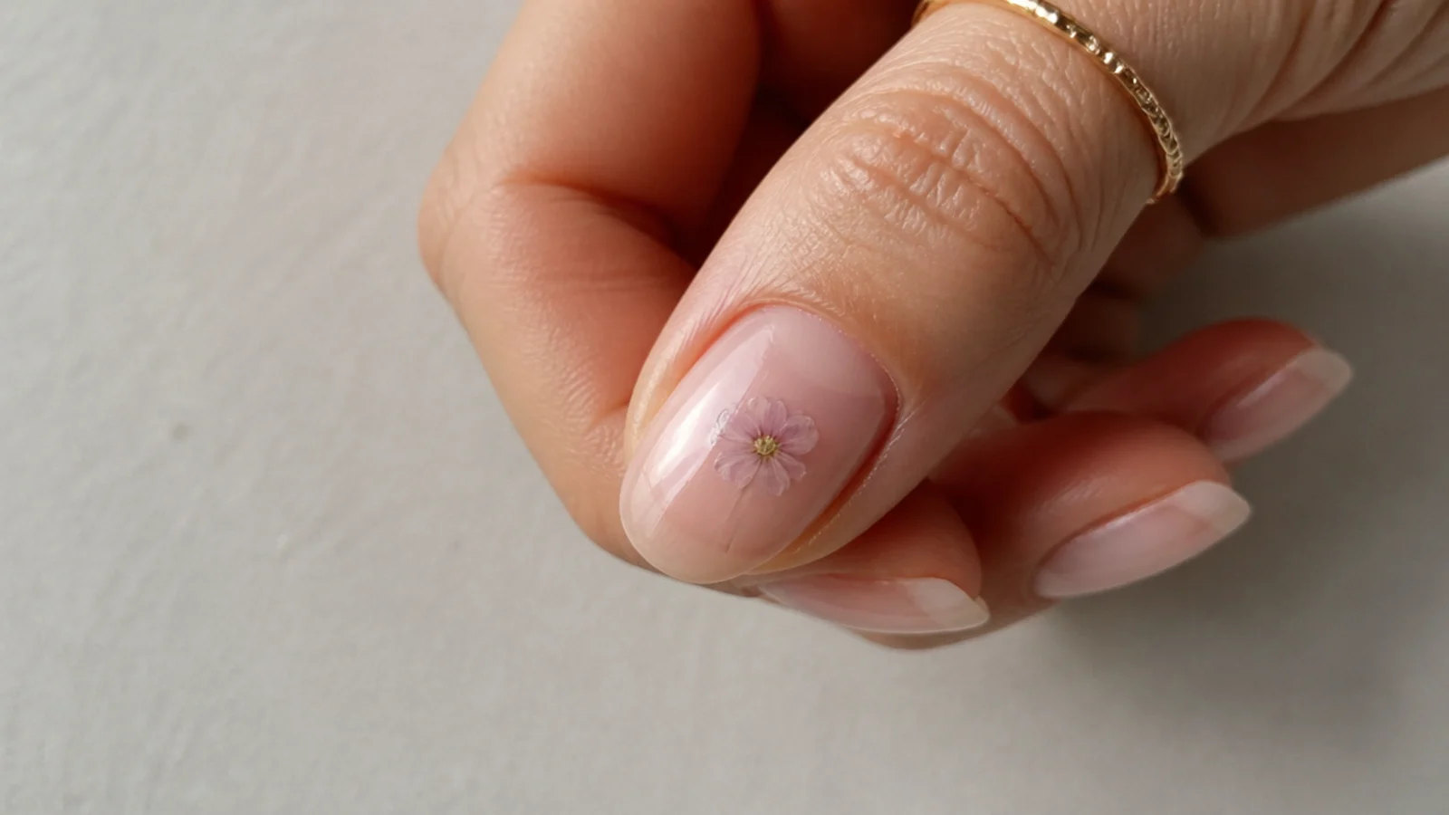Single diffused flower on a bare natural nail with clear space around it