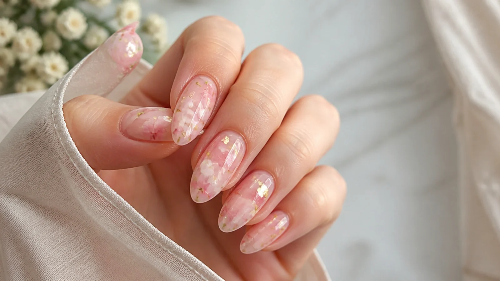 Soft pink camellia with gold flakes diffused on a nude nail